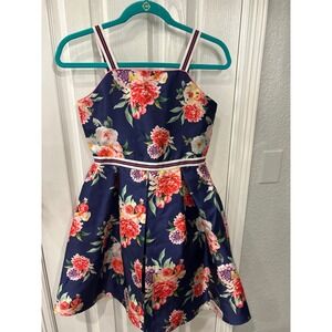 Tahari Party Dress Navy Blue Floral Striped Straps Pleated Occasion 12 Bin A